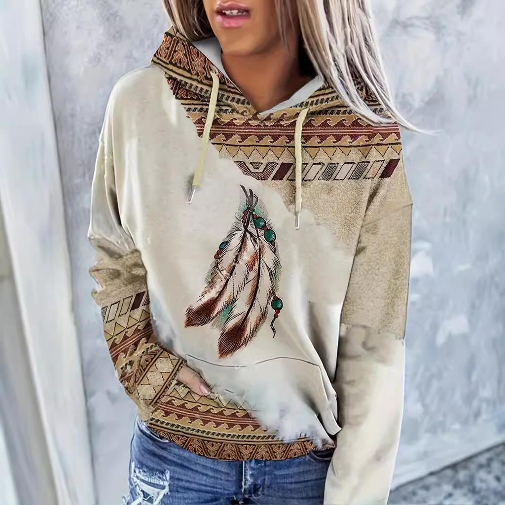 Popular tops, autumn and winter hooded sweaters, European and American women's clothing, ethnic style printed sweaters, women