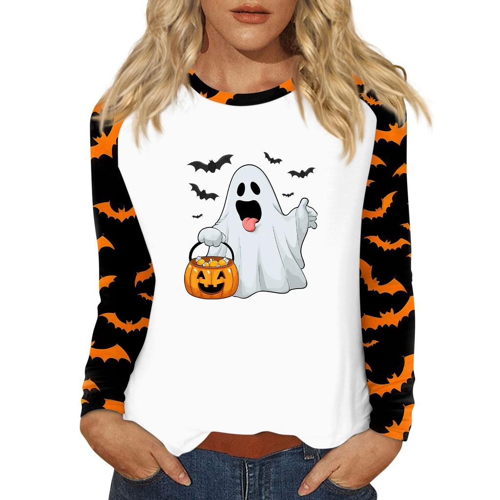 Damen T-Shirt Halloween-Print Langarm Täglich Mode Basic Rundhals Raglanärmel Oberteil