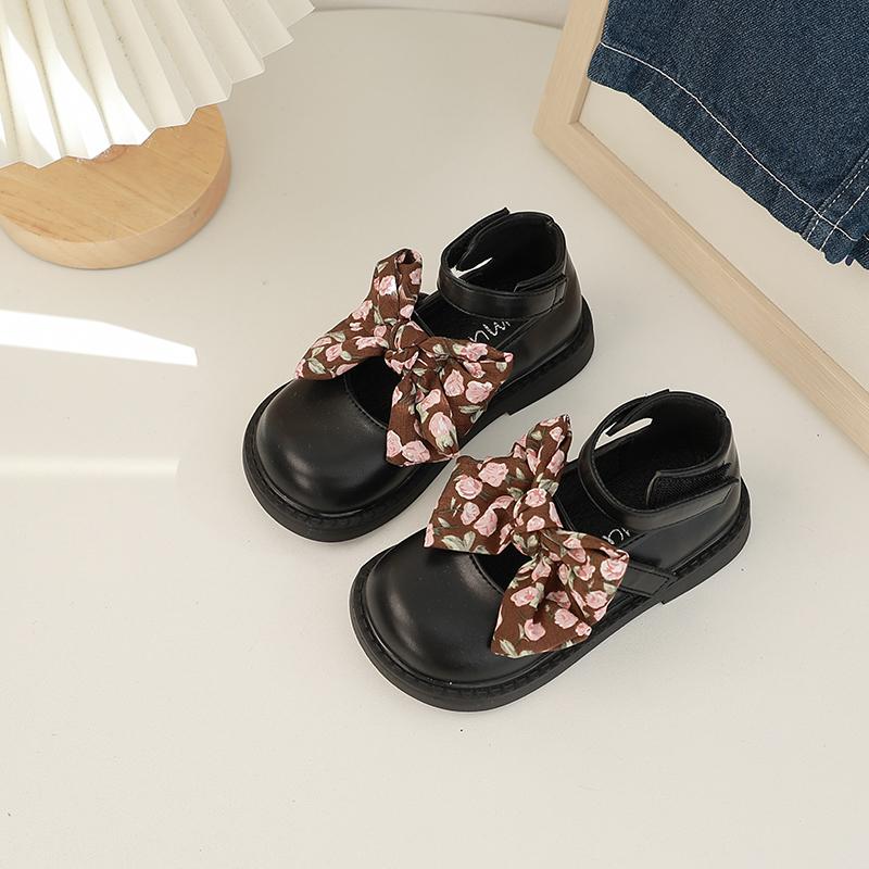 Little Girls Leather Shoes Hand-Painted Bow French Style Fashion Kids Round-toe Versatile Soft 2024 Children Loafers Elegant PU