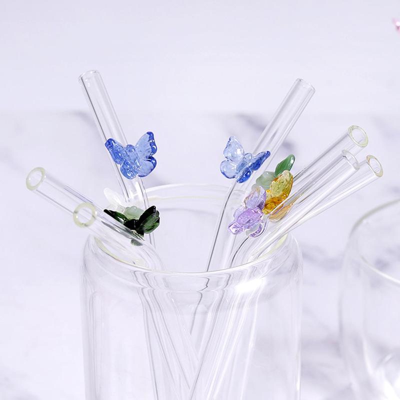 Butterfly Glass Straws Set Reusable Bar Tools for Smoothies Cocktails Tea Coffee Juicy Drinking Eco Friendly Drinkware