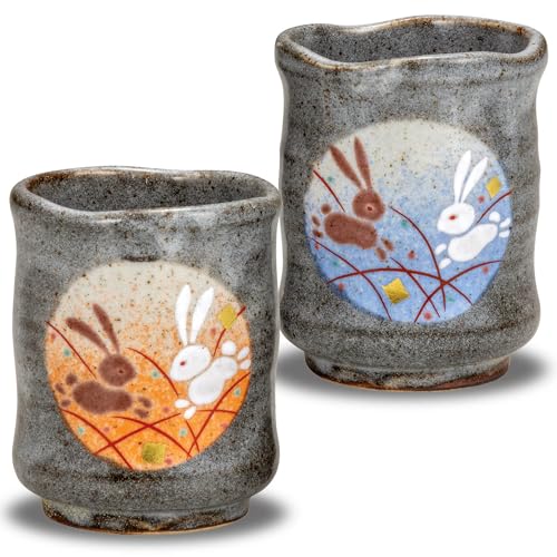 

Waza no Kura Stylish Pair of Kutani Ware Teacups with Moon Rabbit Designs. Made in Japan. Perfect as a gift for wedding anniversaries, 60th, 70th, 77t