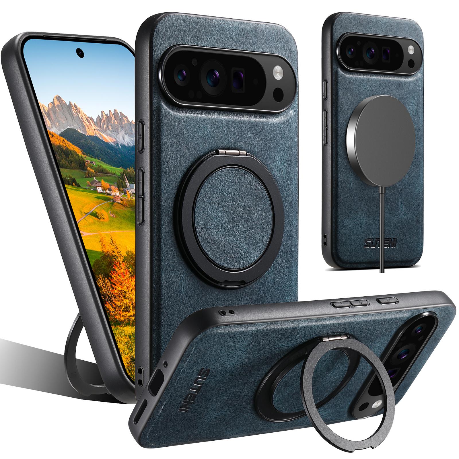 

SUTENI G3 For Google Pixel 9/9 Pro Magnetic Case Waxy Texture Rotating Kickstand Leather Phone Back Cover C