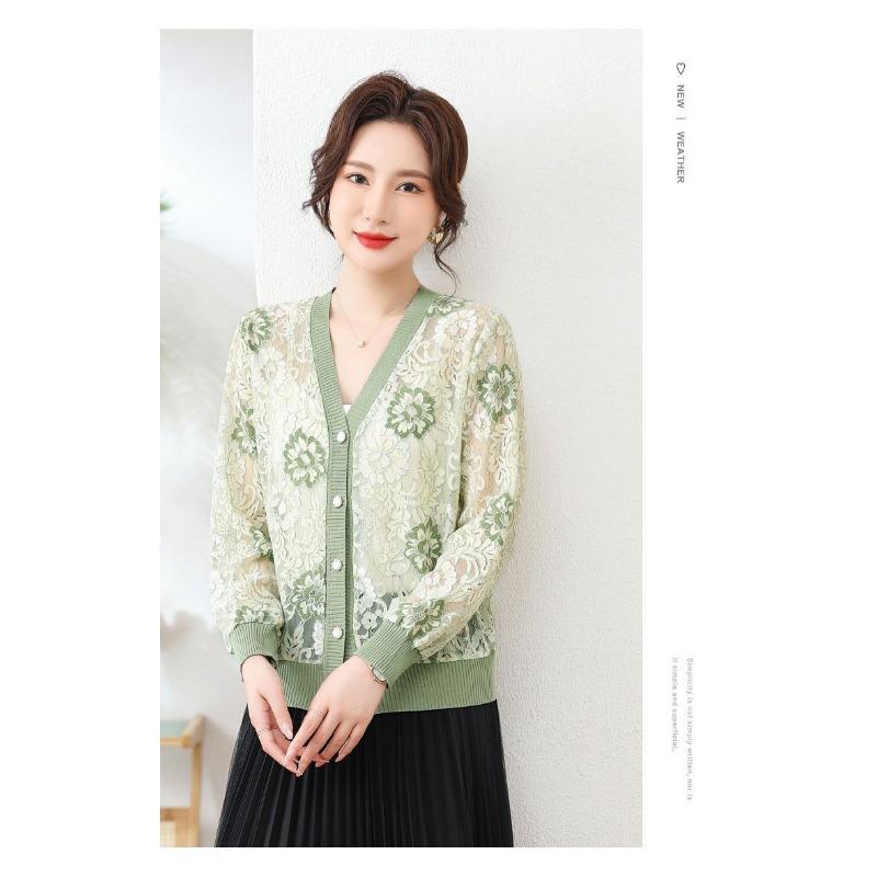 Strickjacke mit V-Ausschnitt Sonnenschutzkleidung für Damen 2025 Dünne Spitze Locker Durchbrochen Langärmeliges Kurzes Oberteil