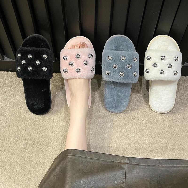 Flat Fluffy Fur Slippers Women Solid Warm Furry Slippers Women Winter House Flip Flops Home Rivet Slides Flat Indoor Floor Shoes