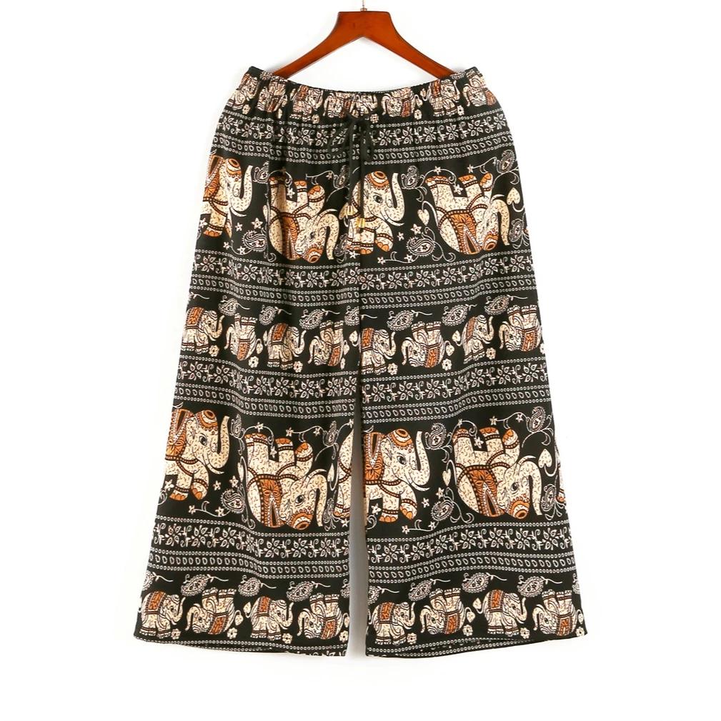 Elephant Pants Loose Legs Adjustable Elastic High Waistband Strap Rope Women Men Unisex Print Thailand Casual Streetwear Beach Bohemian Retro Vintage