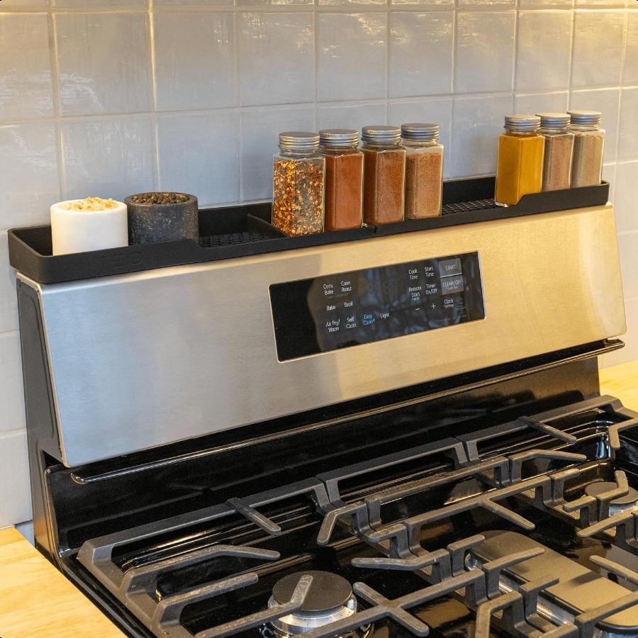 Magnetic Stove Top Shelf Black Silicone 30" Over the Stove Spice Rack Heat Resistant No Hassle Installation Dishwasher Safe Ove