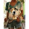 Women's Watercolor Dog Portrait Print V-Neck T-Shirt, Casual Short Sleeve Tops, Cute Animal Daily Wear for Spring & Summer