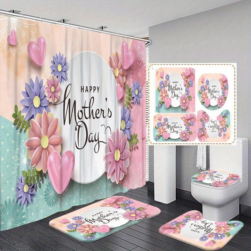 

1/4 Mother S Day Carnation Shower Curtain Set, Shower Curtain With Hooks, Non-Slip Carpet, Toilet U-Shaped Mat, Toilet Seatcover W60H190(CM)-1 Pcs