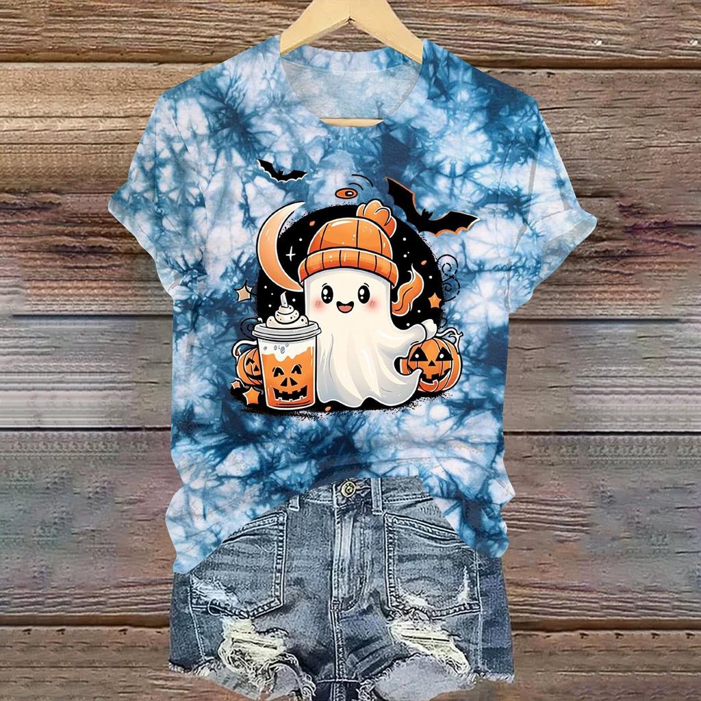 Ladies' Casual Halloween Printed Round Neck Short Sleeved T-Shirt