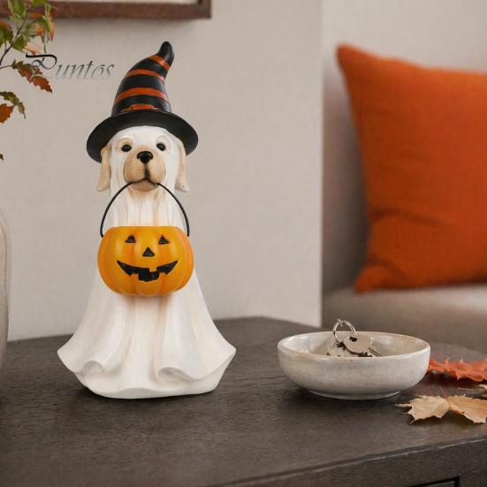 Indoor Haunted House Supplies Halloween Ghost Dog Figurine, Wizard Hat Pumpkin Resin Statue, Cute Tabletop Decor Puppy Ornaments for Entryway