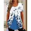 Elegant Fake Two-Piece Top Women'S Round Neck Short Sleeved Button Blouse Summer Office Lady Work Casual Top