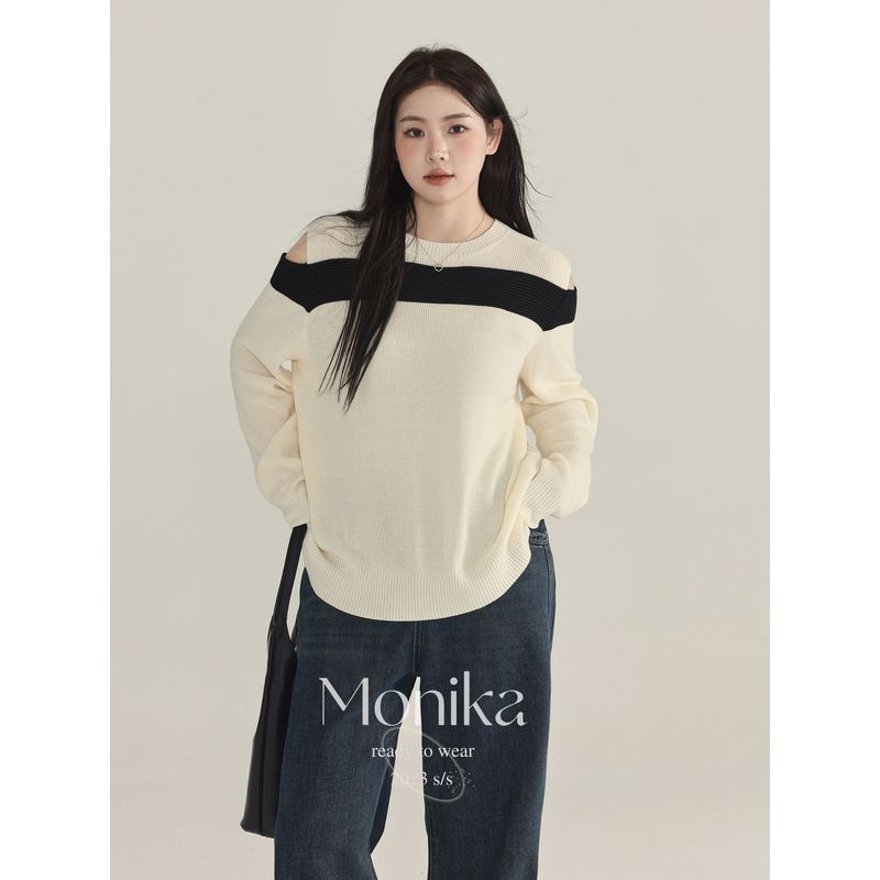 

Lazy Feeling Strapless round Neck Plus Size Ladies Contrast Color Knitwear Beige XL