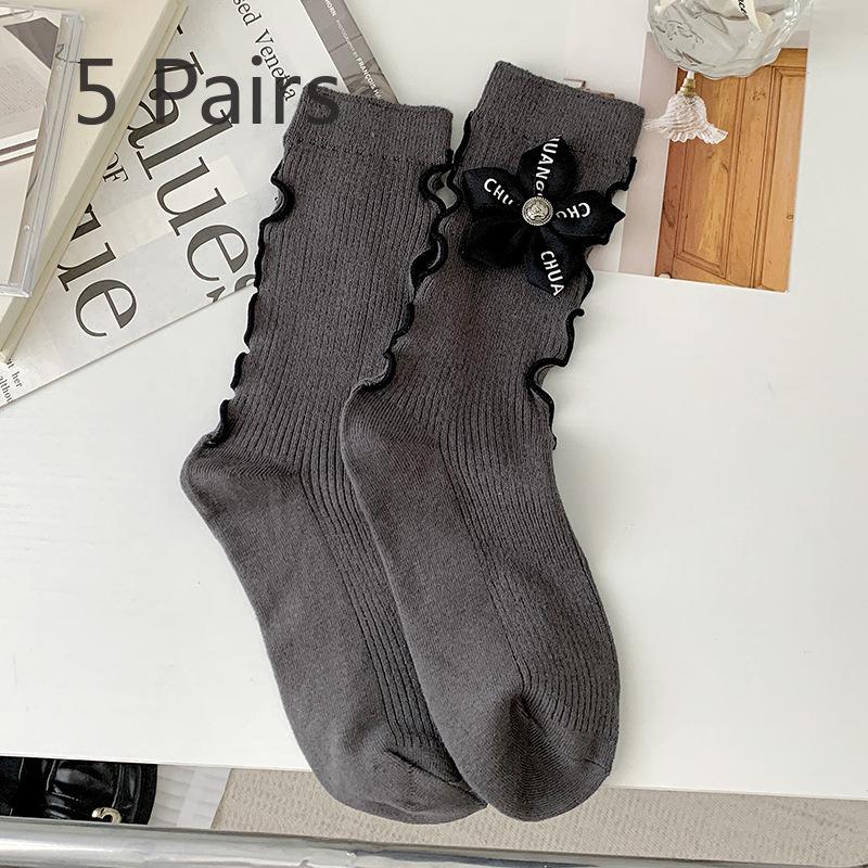 

5 пар женских носков средней длины с цветочным бантом и кружевом 5 Pairs серый