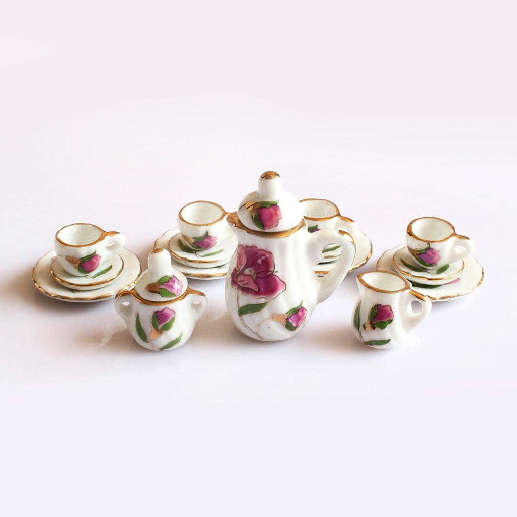 1/12 Dollhouse Miniature Dining Ware Porcelain Tea Set Dish Cup Plate Pot 15Pcs White+Pink/Green