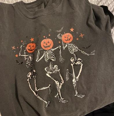 T-shirt Halloween Squelette 2025, T-shirt Saison d'Automne Halloween Citrouille Squelette Coton Unisexe