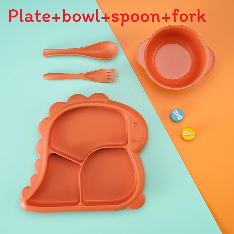 Cartoon Dinosaur Three Compartments Dinner Plate Spoon Fork Bowl Cutlery Set For Kids
