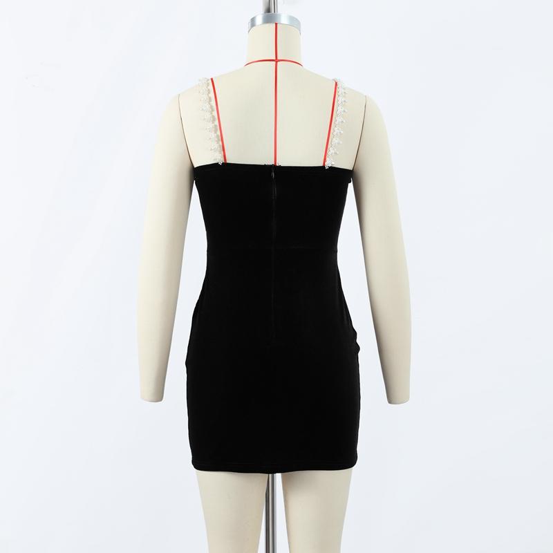 Černé sametové dámské minišaty s kamínkovou ozdobou Elegantní bez rukávů s vysokým pasem Áčkového střihu Šaty na ramínka Dámské večerní společenské šaty Župany