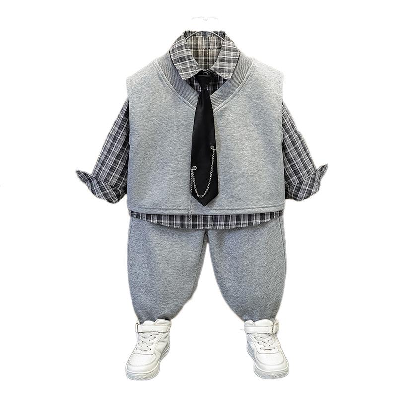Jungen 2025 Herbst Preppy 3-teiliges Set: Stilvolles Hemd, Weste und Sportbekleidung