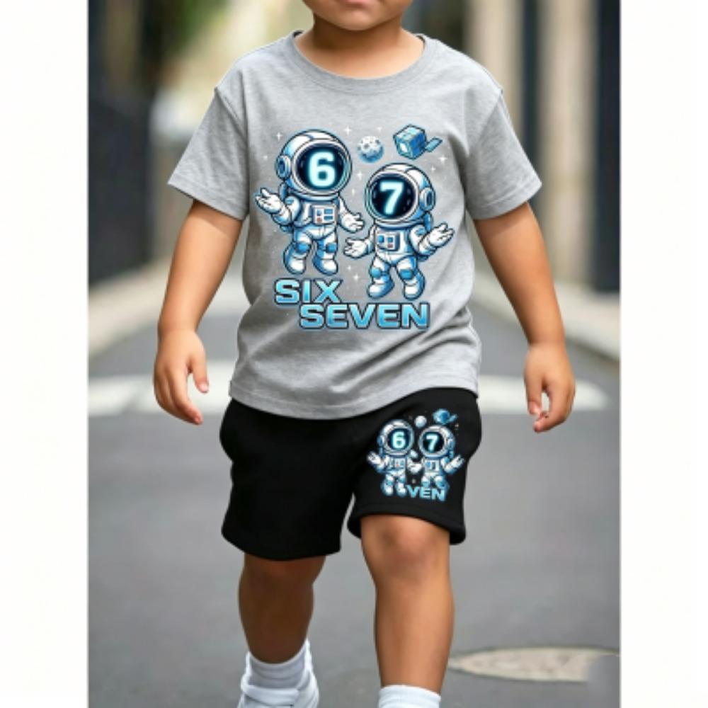 Kinder 67 Astronaut Spaß Aufdruck 11 Farben Kinder T-Shirt und Shorts 2-teiliges Set Sommer Haus Draußen Freizeit Outfit Jungen und Mädchen Sportset