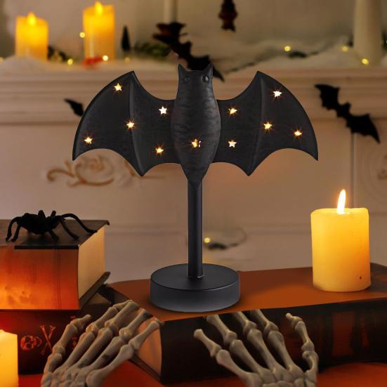 Large Twinkle Bat Candlestick Halloween Light-up Bat Candle Holder Gothic Candelabra Centerpiece with LED Twinkle Light for Home Dinner Table