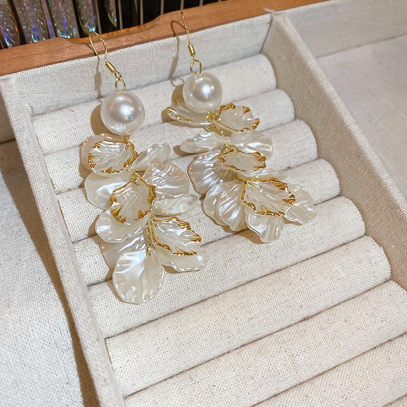 GemChic Women's Earrings Trendy Imitation Pearl Petal Tassel Ear Hook Elegant Long Earrings Birthday Christmas Jewelry Gift