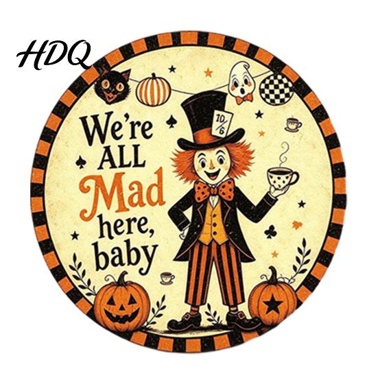 Halloween Theme Wall Art Retro Sign Round Metal Decorative Vintage Illustration Sign Rustic Decor for Living Room Party Decoration Nostalgic Hanging