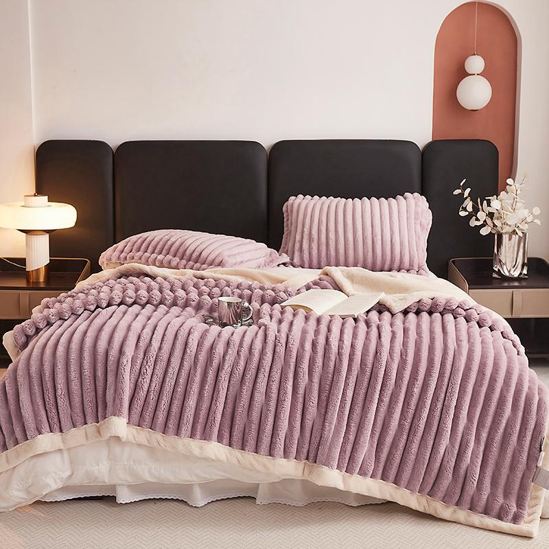 Fluffy Soft Faux Rabbit Fur Throw Blanket for Sofa Thick Warm Wide Striped Fleece Bed Blanket Spring Autumn Cozy Plush Bedspread