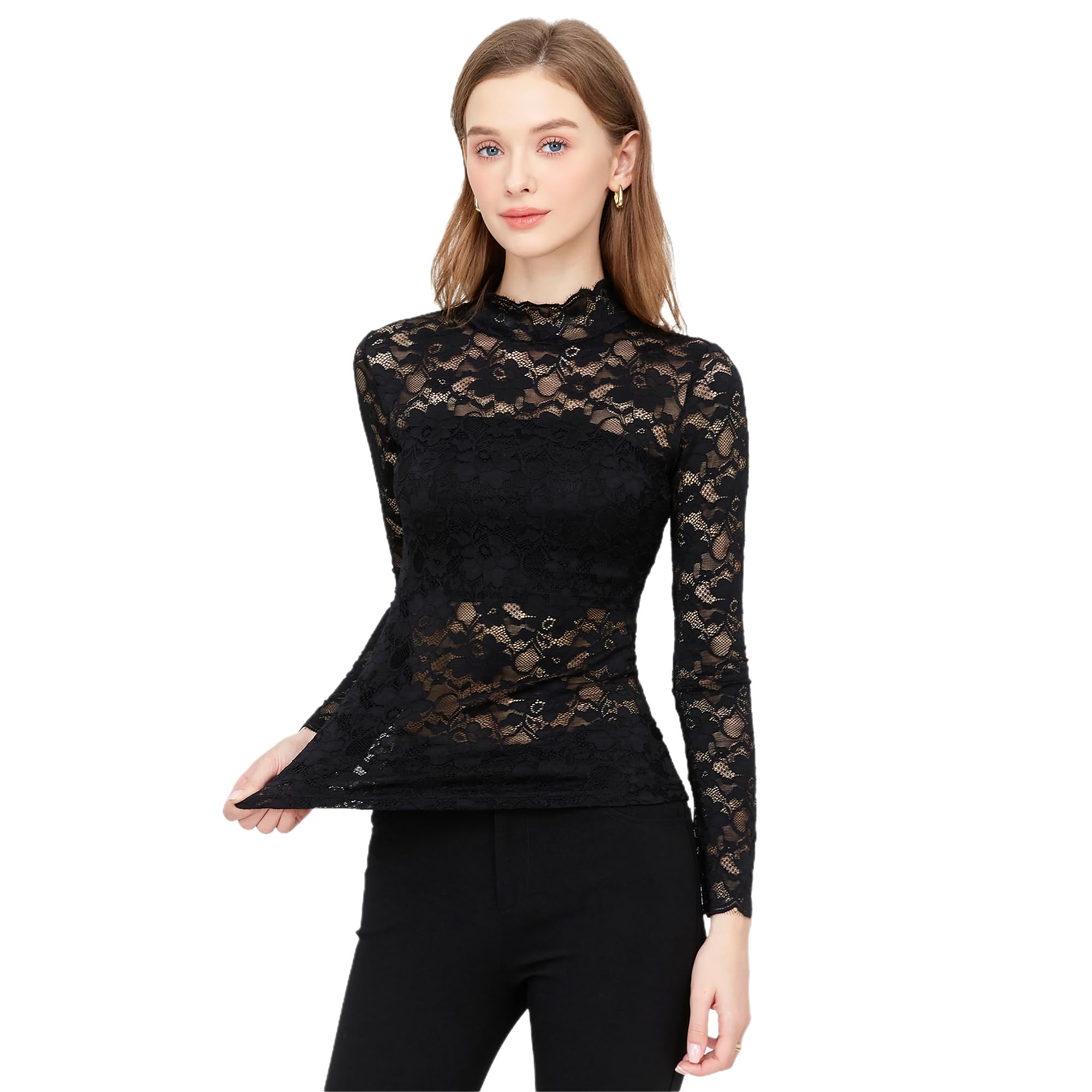 

Эластичная блузка VOZZA с длинными рукавами и высоким воротником-стойкой, выполненная из силовой сетки, длинными рукавами и цветочной облегающей и свободной женской вышивкой из кружева,