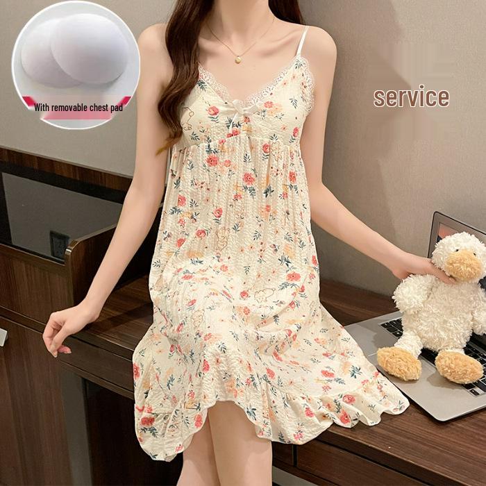 Summer V-Neck Nightdress with Chest Pads - Sexy Bubble Cotton Spaghetti Strap Style: Loose Fit Homewear for Women