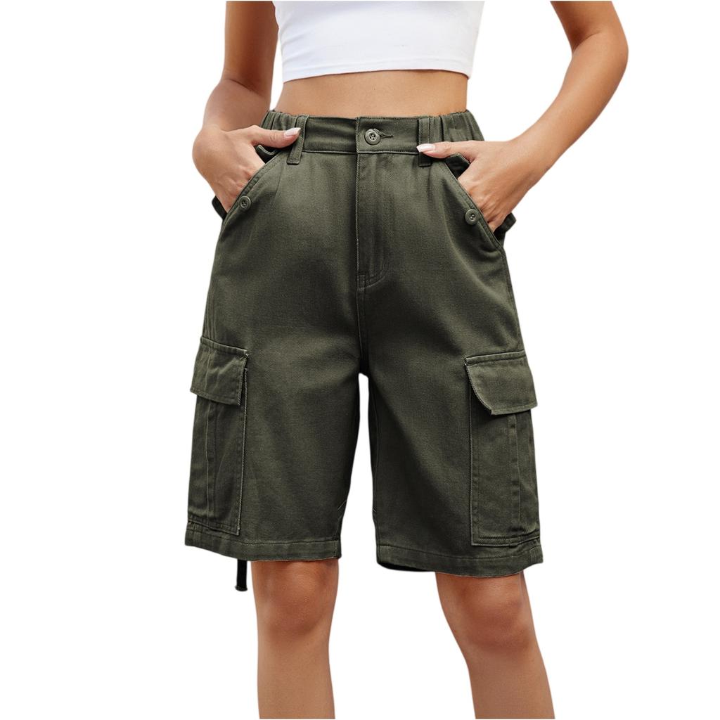 Women's Fashionable Workwear Shorts Solid Color Pocket Button Elastic Waist Casual Five Quarter Pants