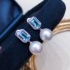 Huitan Simulated Pearl Earrings with Square Blue Cubic Zirconia Trendy Women Ear Accessories New Wedding Band Fashion Jewelry