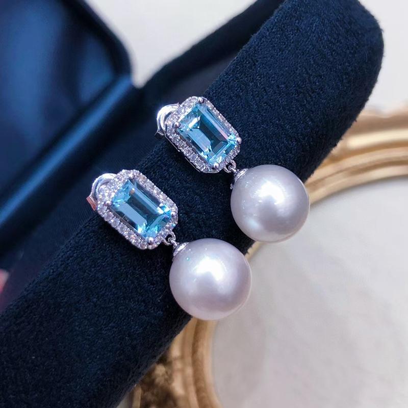 Huitan Simulated Pearl Earrings with Square Blue Cubic Zirconia Trendy Women Ear Accessories New Wedding Band Fashion Jewelry