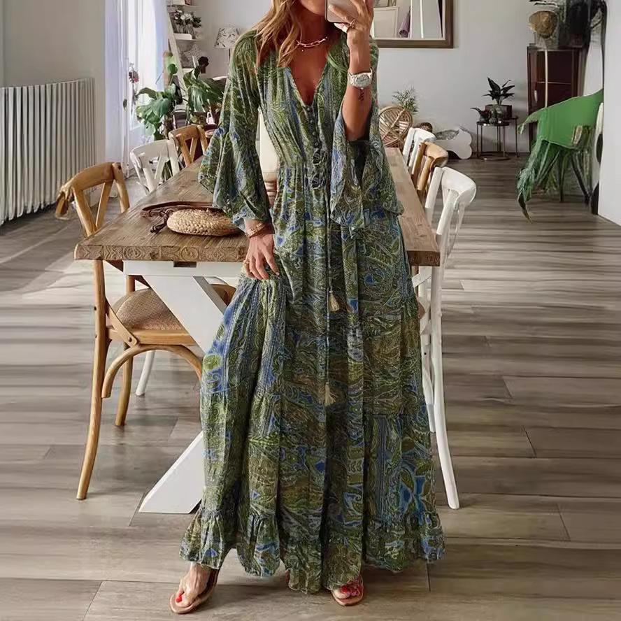 Bohemian Bell Sleeve V-neck Floral Vacation Maxi Dress