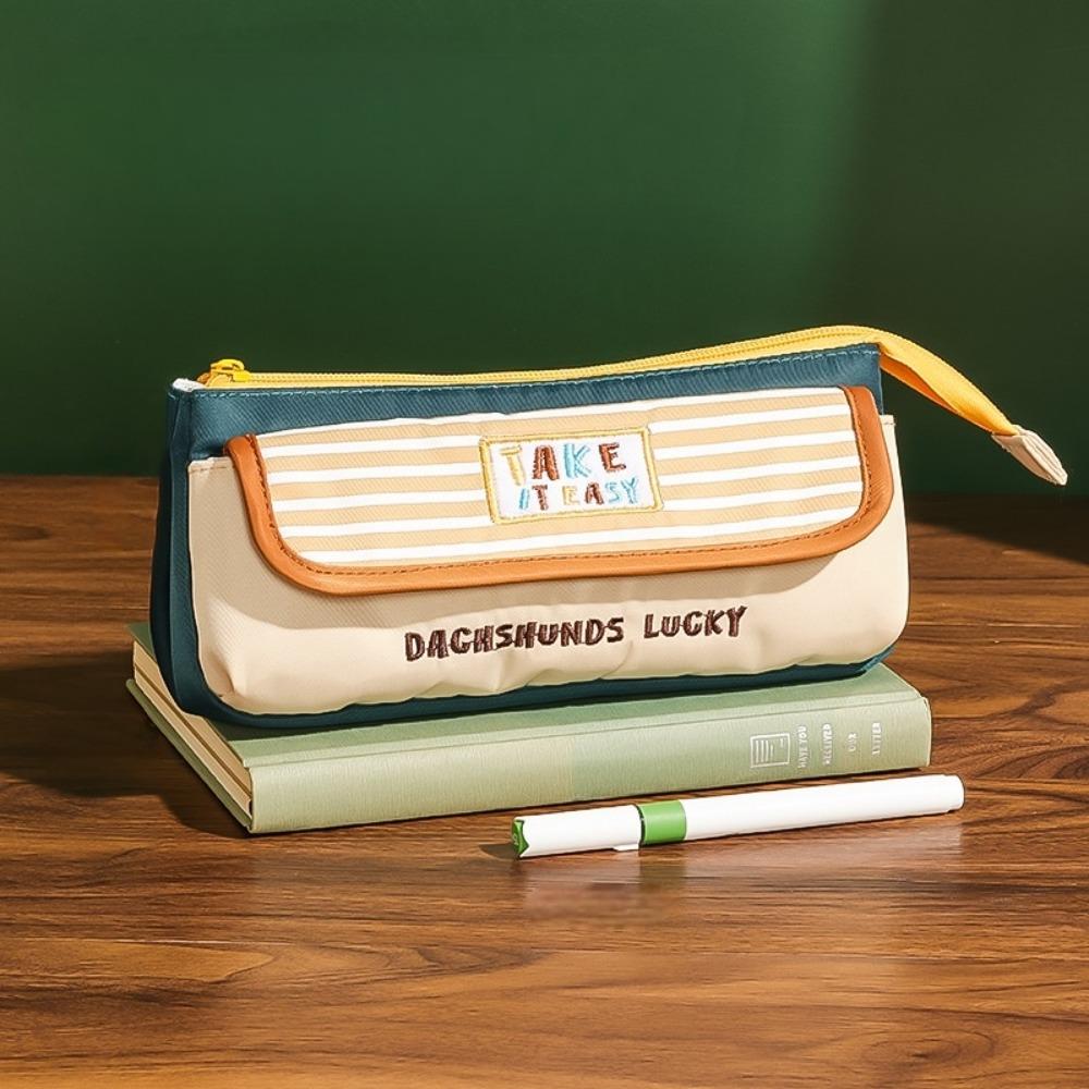 Large Capacity Embroidery Letters Pencil Case Pencil Pouch Cloth Stationery Bag  Stationery Holder бежевый