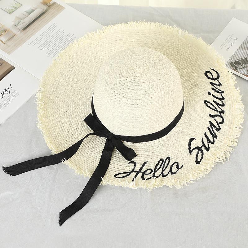Straw Hat Ladies Bow Big Eaves Hat, Dome Sunscreen Beach Letters Big Eaves Seaside Sun Hat Tide