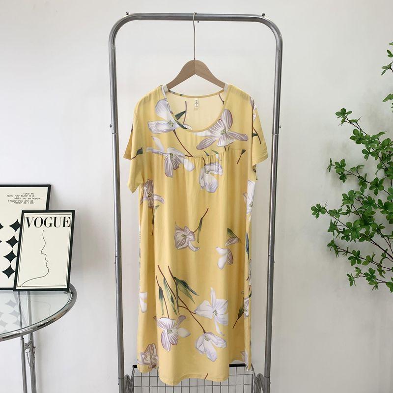

Thin Homewear Women s Summer Nightdress Can Be Outerwear Short-Sleeved Summer Cotton Silk Pajamas Ladies Loose Plus Size Lace Skirt Yellow All yards