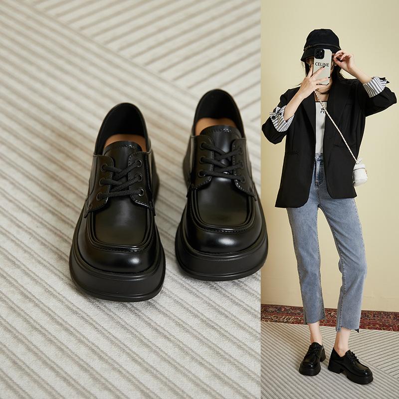 2025 spring new British style lace-up platform loafers retro round head small leather shoes women's genuine leather heightening women's shoes