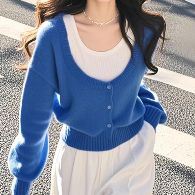 Korean Style Blue Faux Two-Piece Knit Sweater Soft Warm Top Women 2026 Fall Winter Casual Wear