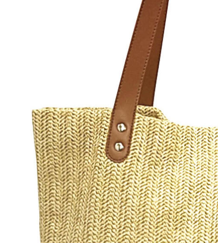 Sac cabas tricoté élégant avec poignées en similicuir. Un look casual sophistiqué et raffiné. Grande capacité, soufflet de 13 cm de large. Beige.