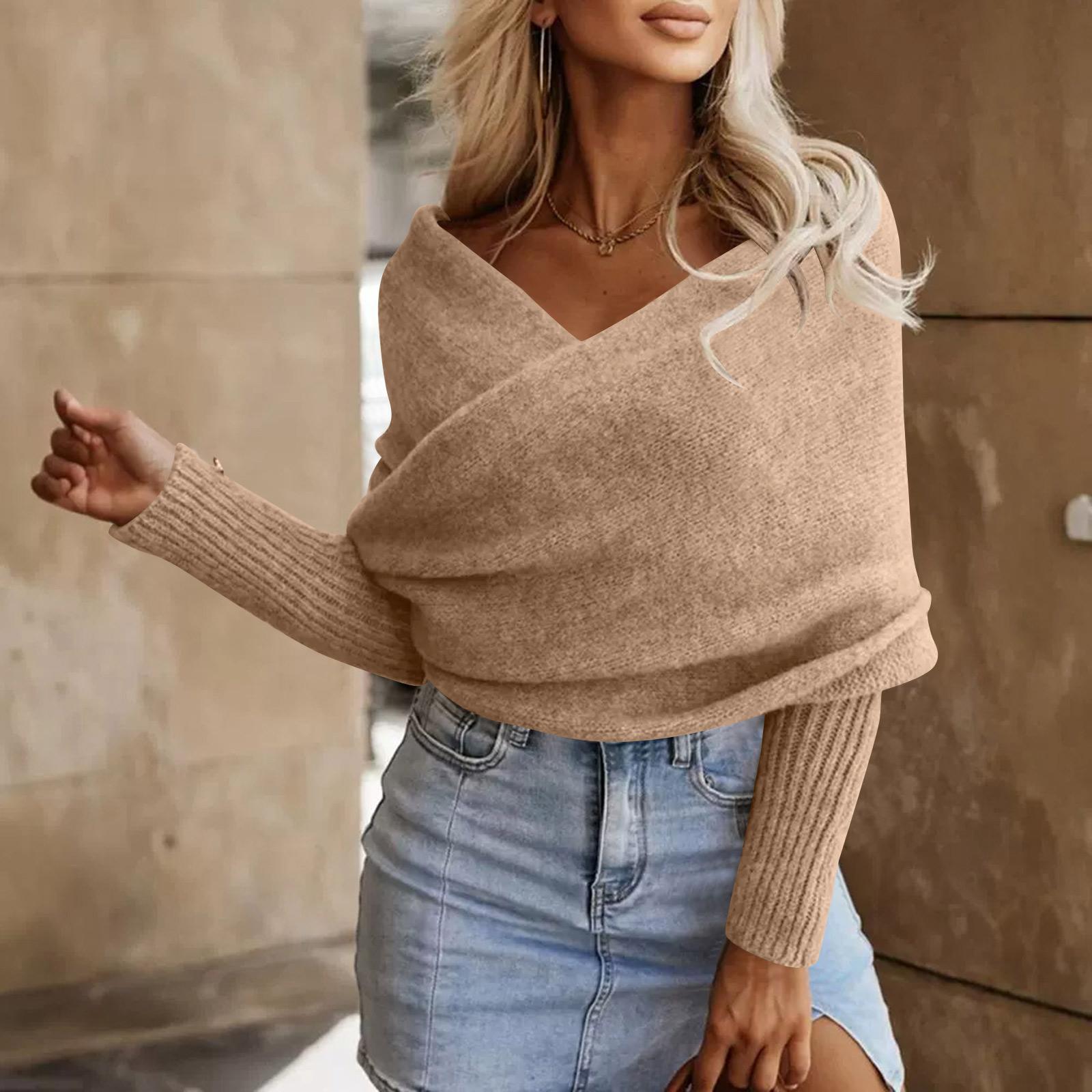 Женский свободный повседневный вязаный свитер с открытыми плечами Цвет XL хаки