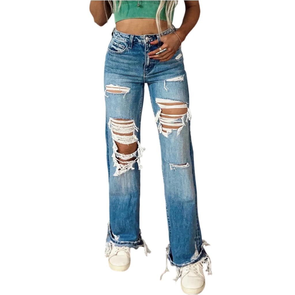 Mode Damen Straight Leg Ripped Casual Jeans Mode Wide Leg Jeans