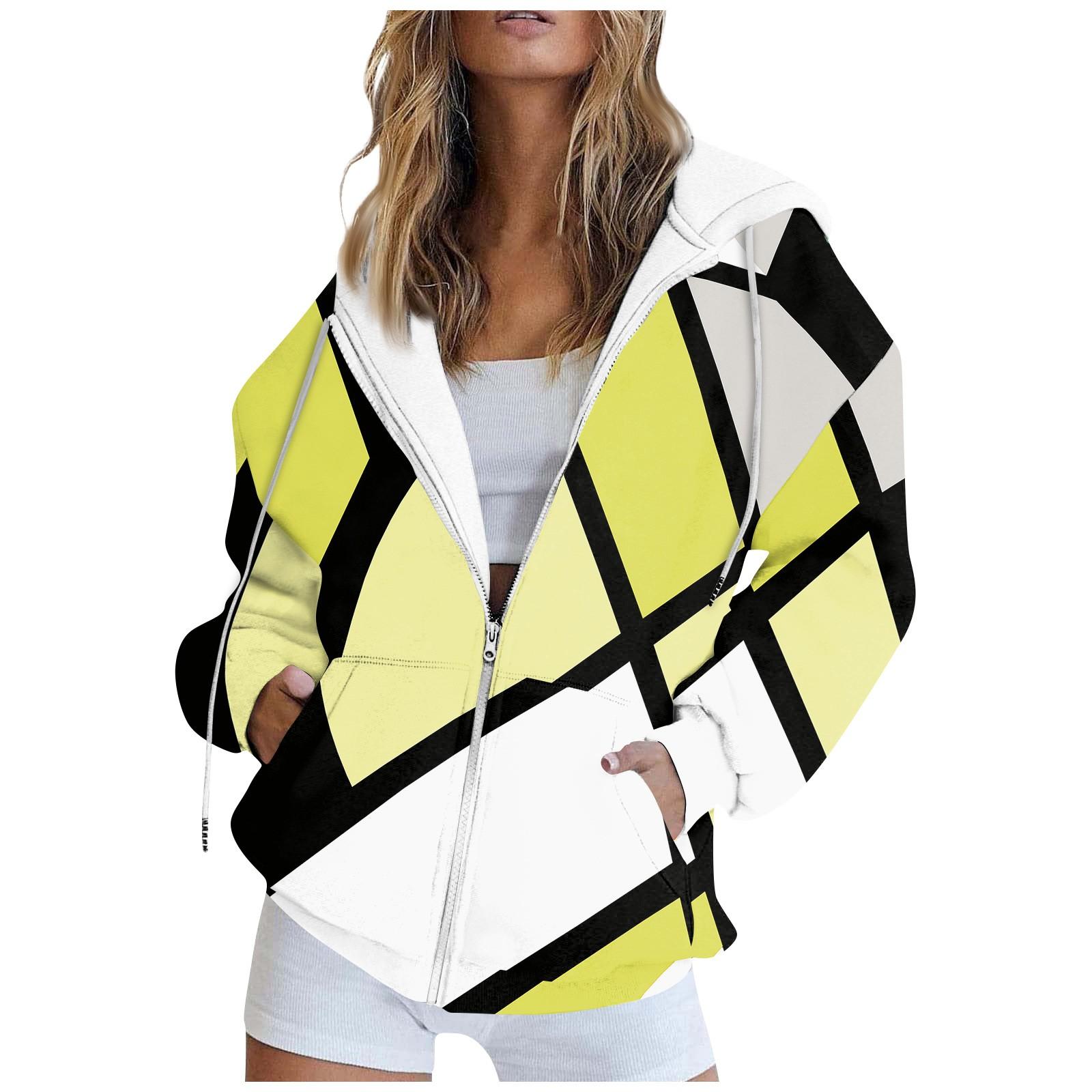 

Жіноча модна повсякденна толстовка з принтом, довгим рукавом і кишенею, кардиган, куртка, худі на блискавці, пальто XL жовтий