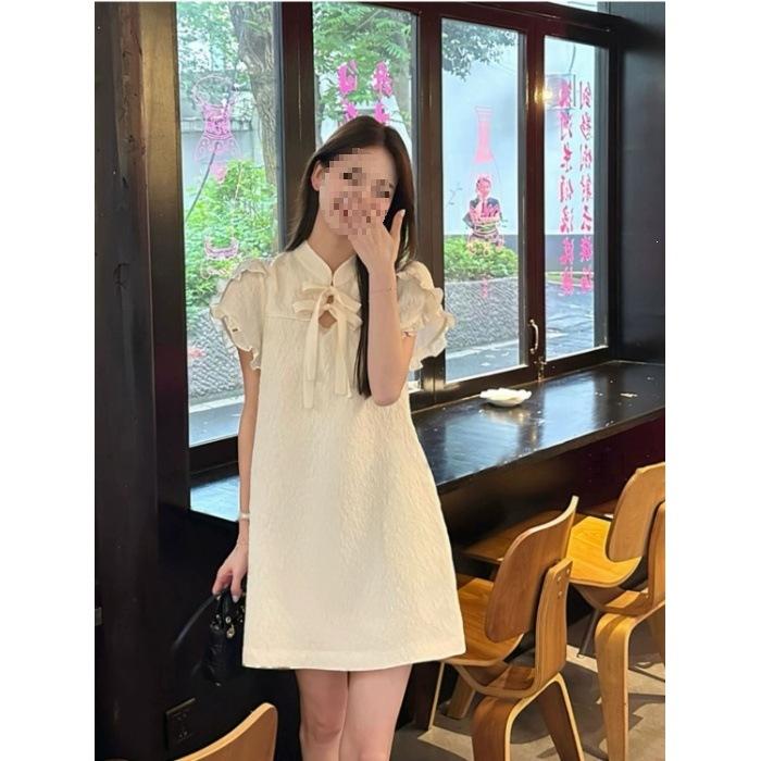 New Chinese Stand-up Collar Short-sleeved Dress Femininity Thin Summer Chinese Style Cheongsam Improved Medium and Long Skirt