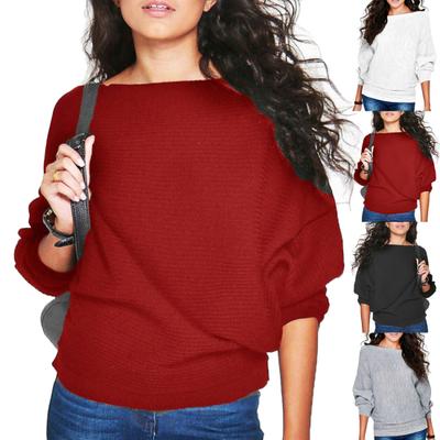 Women Solid Color Rib Knitted Bat Sleeve O Neck Knitwear Loose Pullover