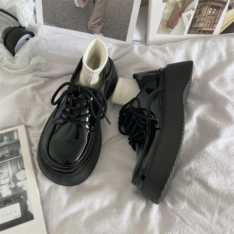 Small leather shoes women's new spring and summer student big head retro single shoes lace-up thick-soled heightening women's shoes