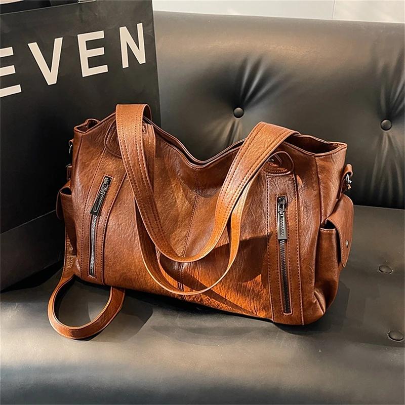 Two Layer Large Capacity Shopping Bag Women's Handbag High Quality Soft Leather Tote Bags Fashi Retro Female Shoulder Bolsa