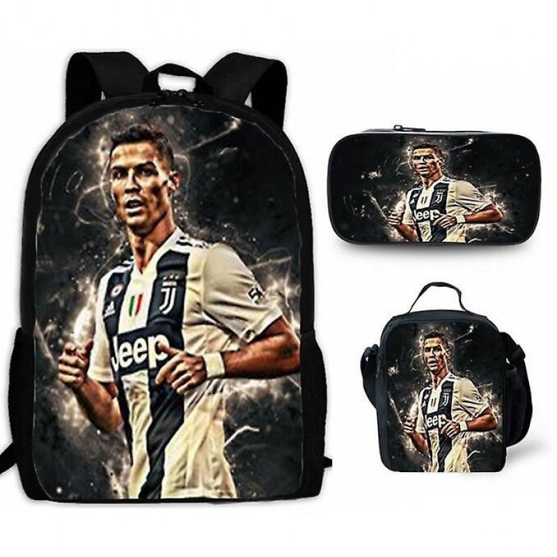 Conjunto de Mochila Escolar Infantil Estampada Cristiano Ronaldo Meninos Meninas 3 Peças Mochila de Tecido Oxford Com Lancheira Estojo
