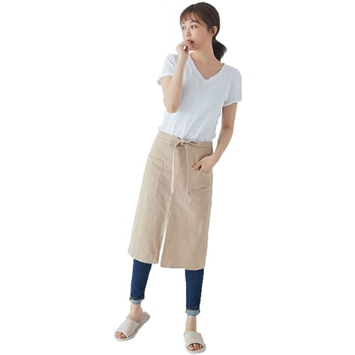 JOYAIYI Linen Cafe-Style Apron with Two Pockets, Natural Linen, Simple, Unisex (Khaki)