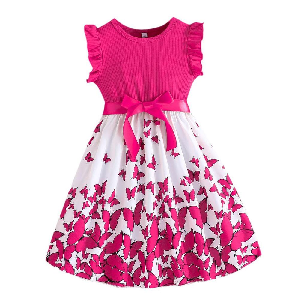 Girls' Sleeveless Butterfly Print Dress & Belt Set