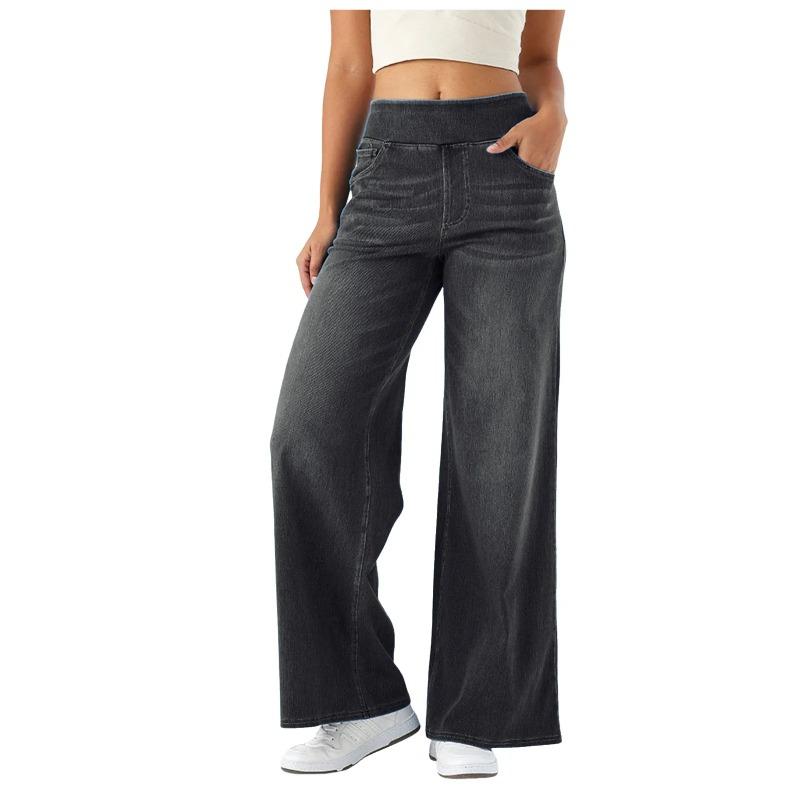 Ladies Wide Leg Trousers Elastic Waistband High Waist Stretch Vertical Trousers Stylish Womens' Casual Pants
